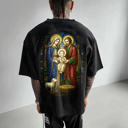 Religious - Tricou Negru Oversize Holy Family Stained Glass