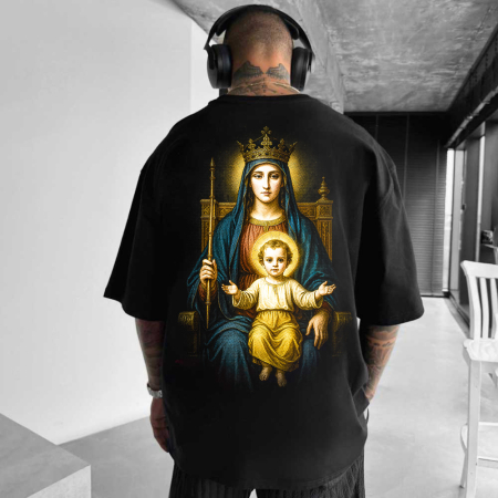 Tricouri Oversize - Tricou Negru Oversize Sacred Mother and Child