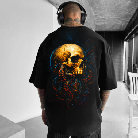 Rap/Hip-Hop - Tricou Negru Oversize Skull Kraken