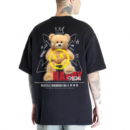 Tricouri Oversize - Tricou Negru Oversize Happy Smiling