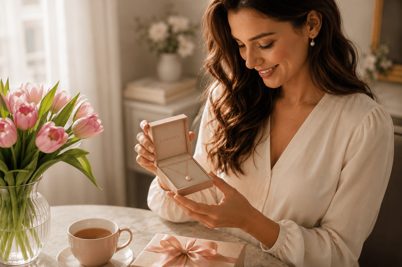 Elegant woman admiring a natural pearl necklace in a warm spring-inspired interior.