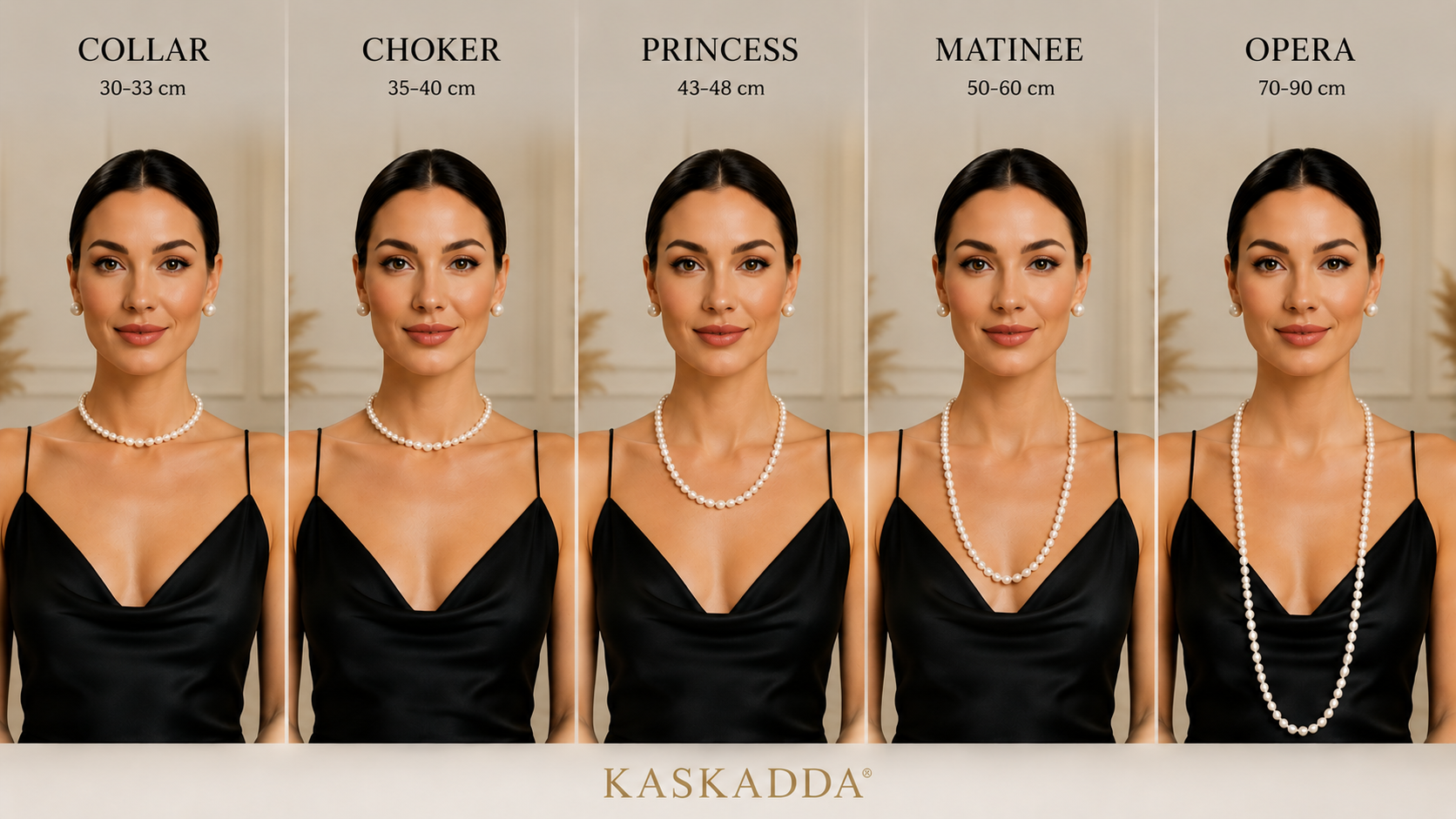 Primerjava klasičnih dolžin bisernih ogrlic: collar, choker, princess, matinee in opera