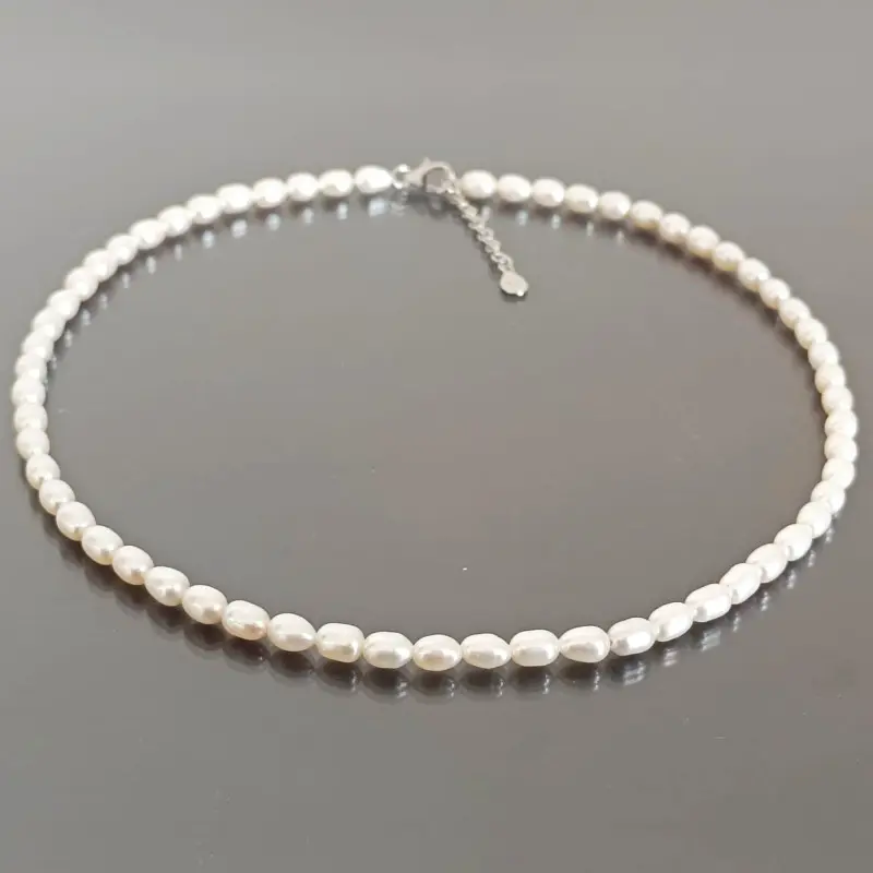 Necklace with Natural White Oval Pearls and Silver Clasp [5]