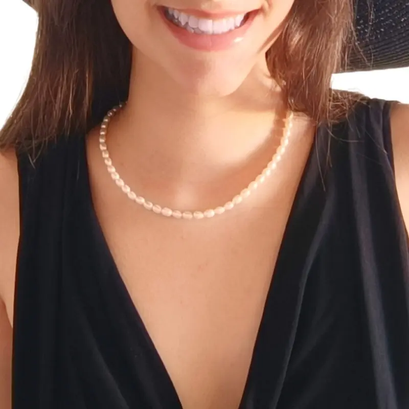 Necklace with Natural White Oval Pearls and Silver Clasp [2]