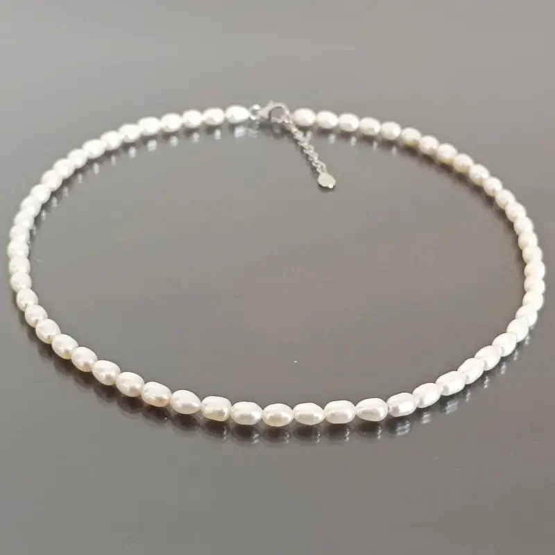 Natural Pearl Necklace, AAA Quality, 4/6 mm, Oval Pearls, 925 Sterling Silver Clasp | KASKADDA® [5]