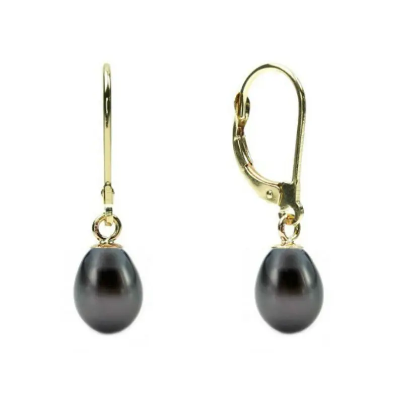 Gold and Natural Pearls Set 8/5 mm, Teardrop Shape, Black Color with Bluish Hues [3]