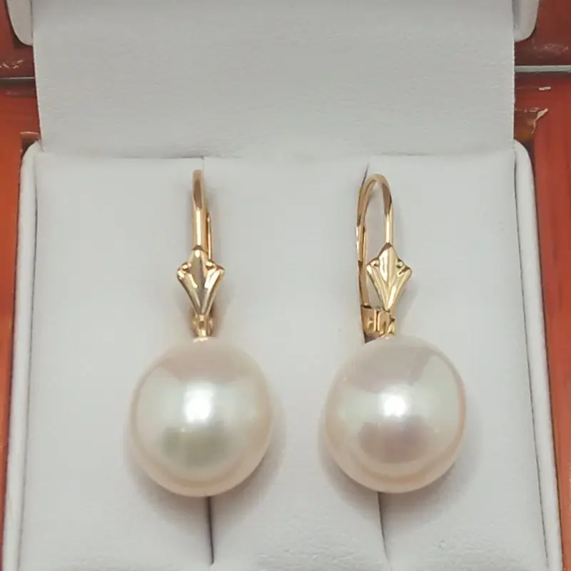 Ohrringe aus 14K Gelbgold (585 Gold) mit großen, seltenen, Premium-Naturperlen, weiße Farbe, Tropfenform, 11/9 mm [3]