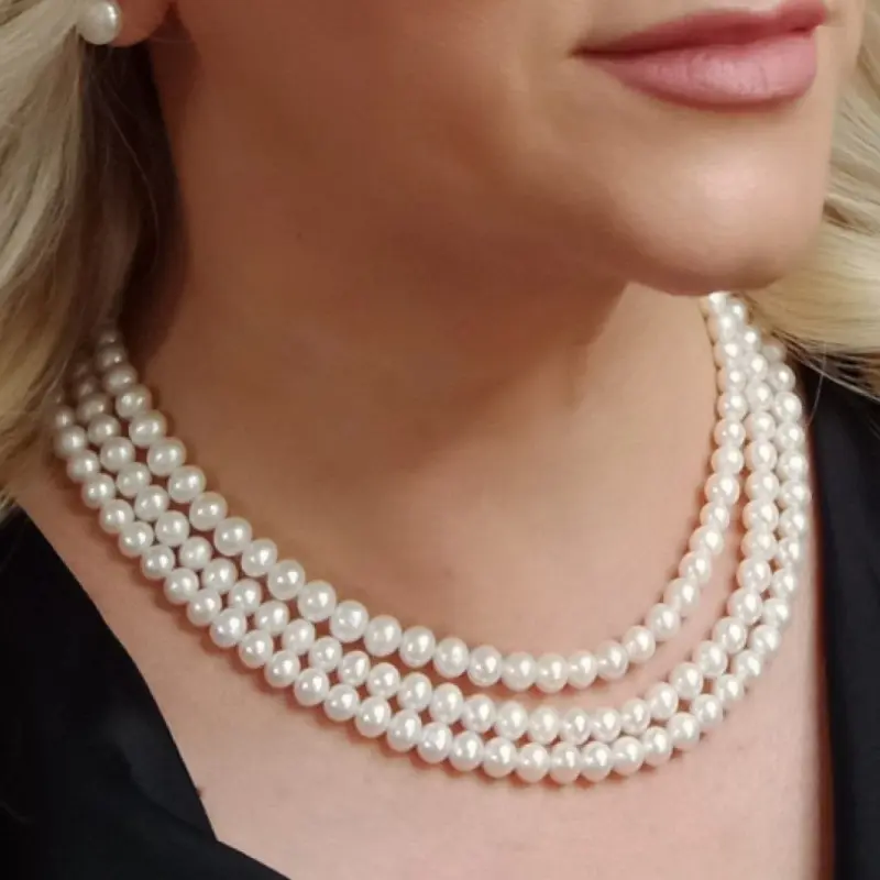 Birthday Gift Ideas for Women - triple-white-natural-pearl-necklace-6-7mm-aa-925-silver-kaskadda