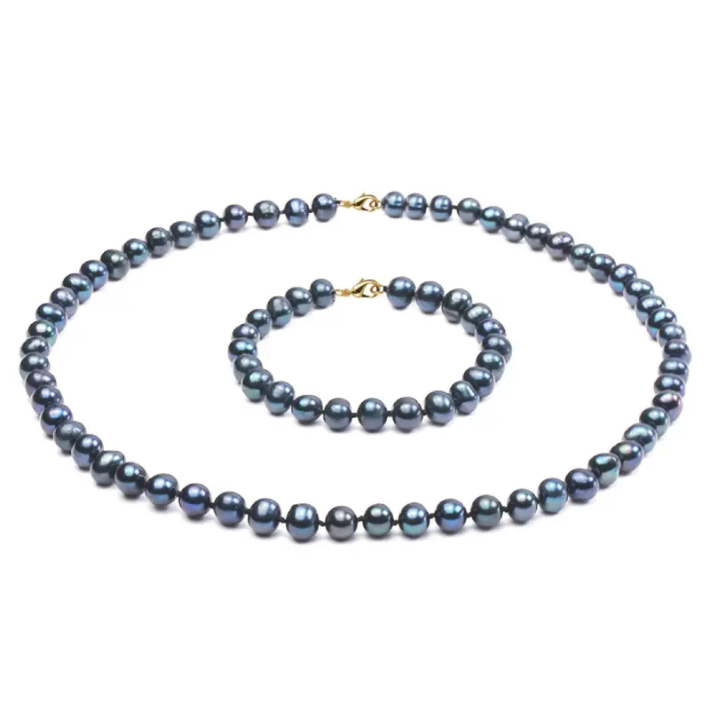Pearl Jewelry Sets - pearl-set-necklace-and-bracelet-natural-black-pearls-7-8mm-14k-yellow-gold-clasps-kaskadda