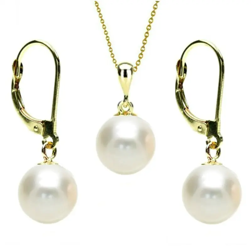 Pearl Jewelry Sets - pearl-set-white-pearls-8mm-pendant-necklace-earrings-gold-14k-kaskadda