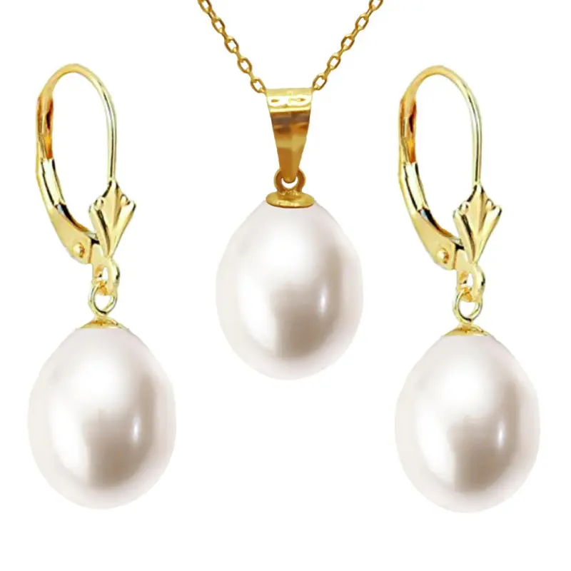 Pearl Jewelry Sets - large-pearl-set-white-yellow-gold-14k-necklace-earrings-teardrop-aaa-plus-11-9mm-kaskadda