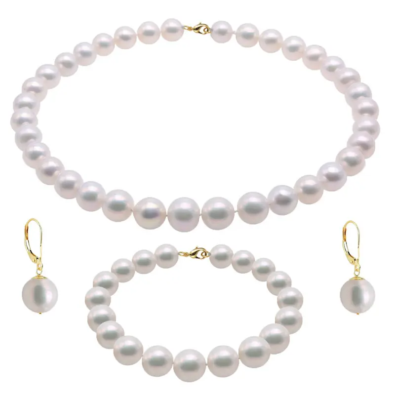 Pearl Jewelry Sets - large-pearl-set-necklace-bracelet-earrings-business-14k-yellow-gold-premium-white-pearls-kaskadda