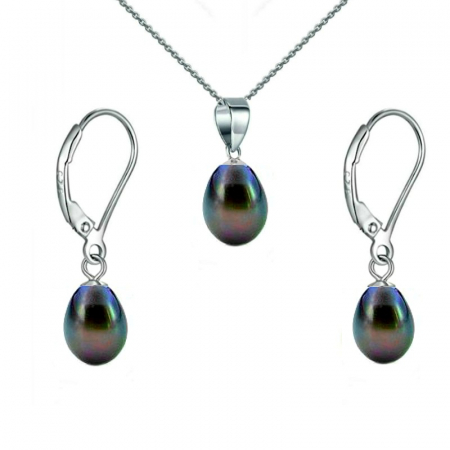 Pearl Jewelry Sets - black-blue-pearl-teardrop-set-necklace-earrings-rhodium-silver-925-kaskadda