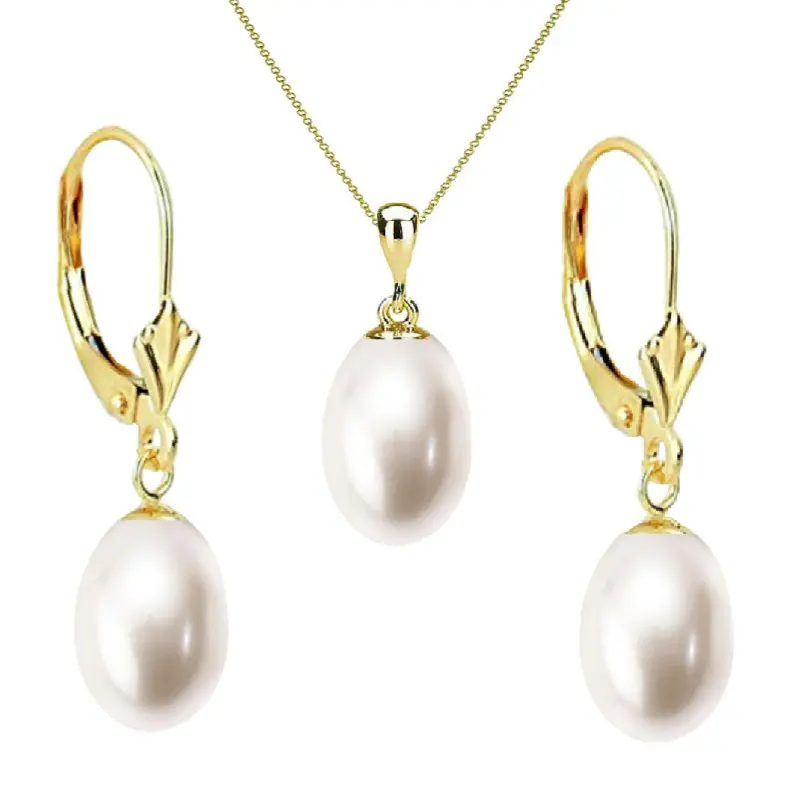 Pearl Jewelry Sets - Gold and Natural Pearls Set 8/5 mm, Teardrop Shape, White Color