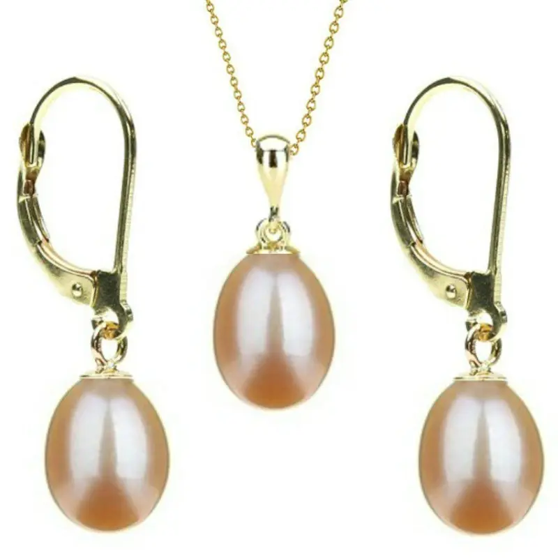 Pearl Jewelry Sets - cream-teardrop-pearl-set-necklace-earrings-yellow-gold-14k-5-8mm-kaskadda