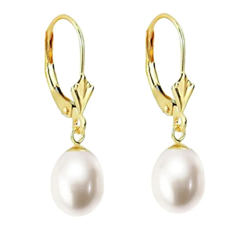 Gifts - 14k Yellow Gold Earrings (585 gold) with Premium White Natural Pearls, Teardrop Shape, 8/5 mm