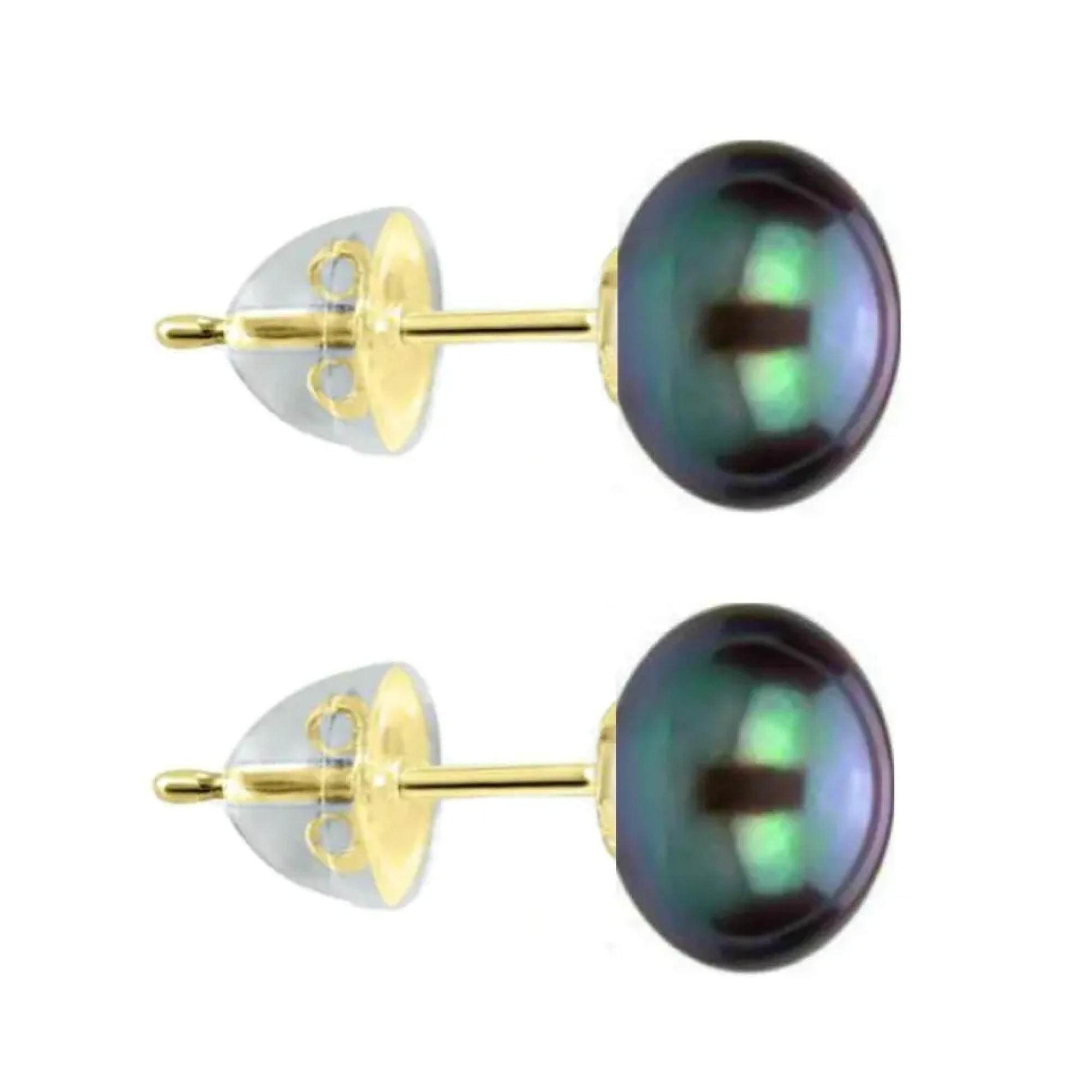 Pearl Earrings - natural-black-pearl-earrings-9-10mm-aaa-14k-yellow-gold-silicone-backs-kaskadda