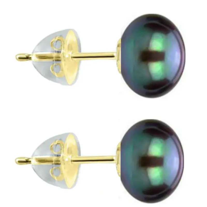 Gifts - Kaskadda 14-karat gold earrings (Gold 585) with black natural pearls, AAA quality, 9-10 mm, and gold butterflies encapsulated in silicone