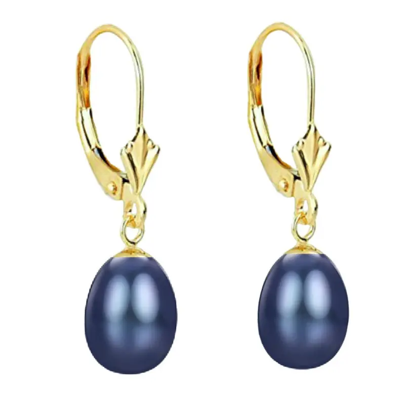 Gifts - 14k Yellow Gold Earrings (585 gold) with Premium Black Natural Pearls, Teardrop Shape, 8/5 mm