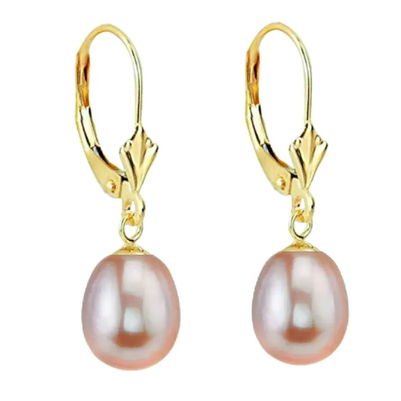 Gifts - 14k Yellow Gold Earrings (585 gold) with Premium Violet/Lavender Natural Pearls, Teardrop Shape, 8/5 mm