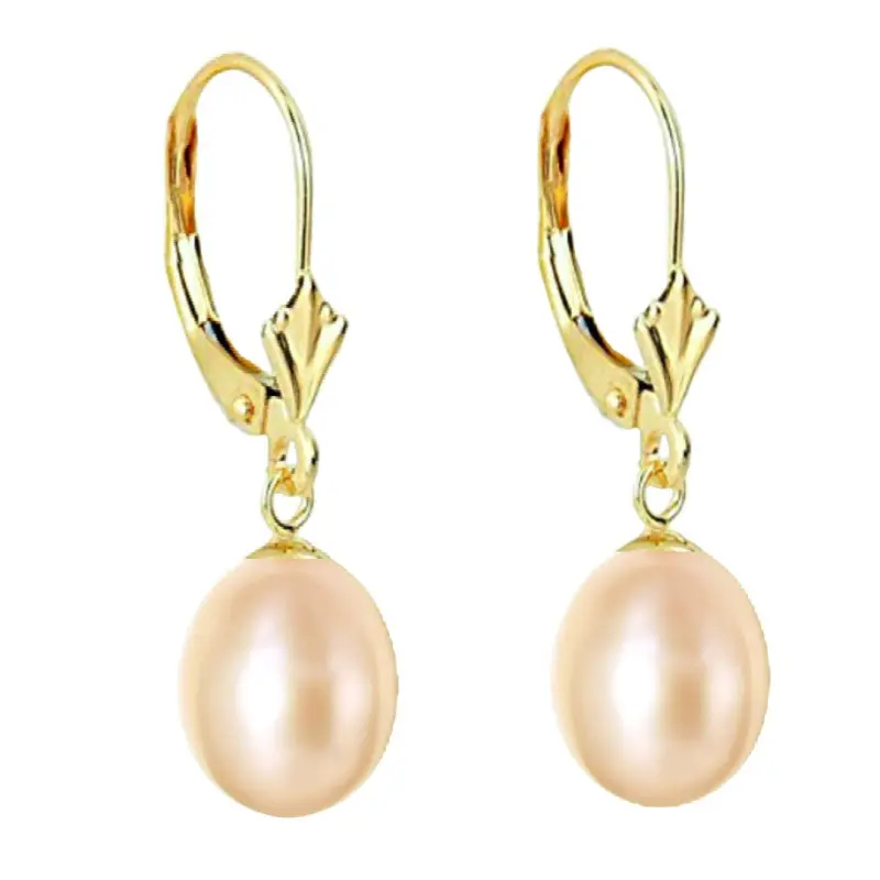 Gifts - 14k Yellow Gold Earrings (585 gold) with Premium Pink Natural Pearls, Teardrop Shape, 8/5 mm
