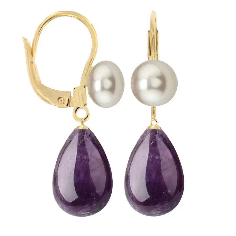 Pearl Earrings - Princess Earrings in 14k Yellow Gold (585 Gold) with 7-8 mm White Natural Pearls and Teardrop Amethyst, 12/8 mm