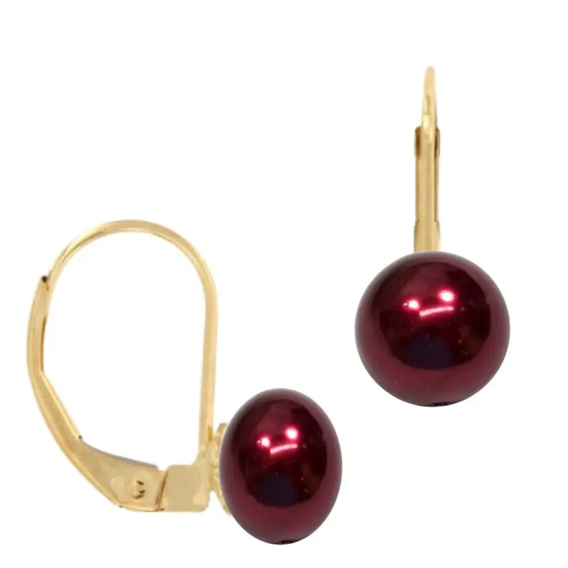 Pearl Earrings - Earrings with Natural Pearls, Burgundy Color, AAA Quality, 7-8 mm, and 14K Gold (585 Gold)