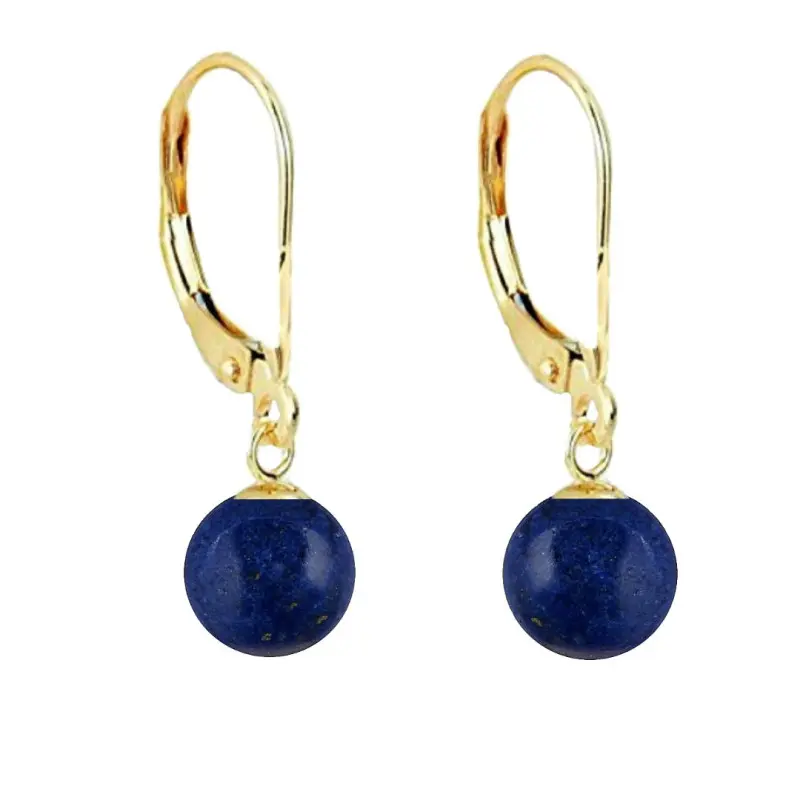 Biżuteria z kamieni półszlachetnych - Kolczyki z półszlachetnymi kamieniami lapis lazuli, w kształcie okrągłym, o średnicy 8 mm, z klasycznym haczykiem wykonanym z 14-karatowego złota.