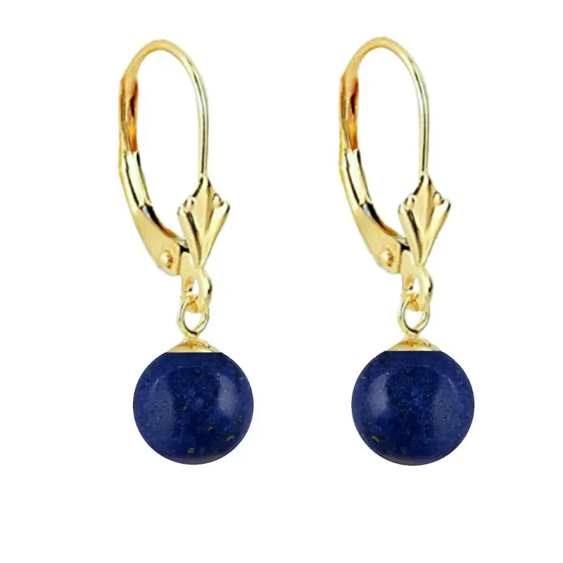 Biżuteria z kamieni półszlachetnych - Kolczyki z półszlachetnymi kamieniami lapis lazuli, w kształcie okrągłym, o średnicy 8 mm, z haczykiem o tulipanowym wzorze, wykonanym z 14-karatowego złota.
