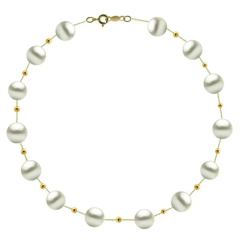 Gifts - Office Necklace 14k Gold (585 gold) with 7-8 mm Premium Natural Pearls and Gold Beads