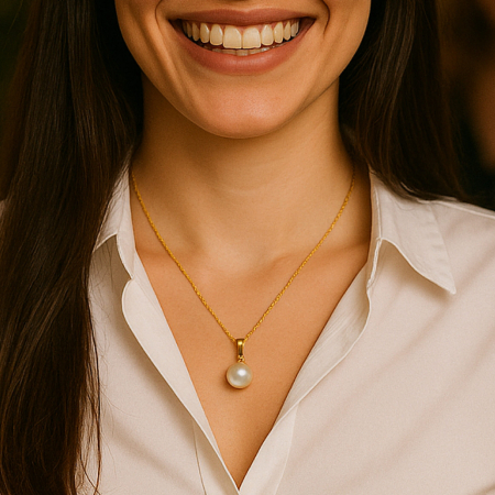 Birthday Gift Ideas for Women - natural-white-pearl-necklace-10-10-5mm-14k-yellow-gold-close-up-white-shirt-kaskadda