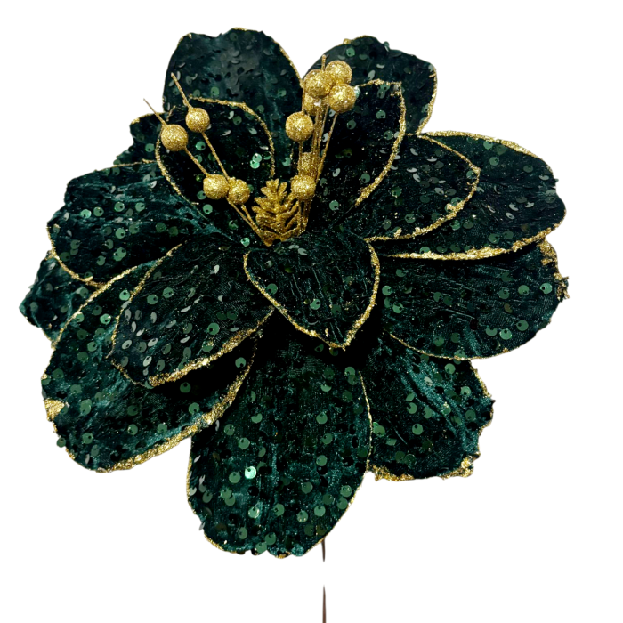 Craciunita decorativa catifea cu paiete si insertii aurii, 30x40 cm verde [5]