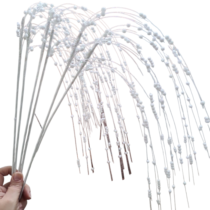 Crenguta decorativa cu ramuri curgatoare si bilute, alb irizat, 100 cm [5]