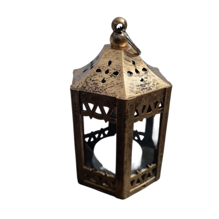 Felinar decorativ hexagonal cu led si baterie, auriu antichizat, 11x6 cm [3]