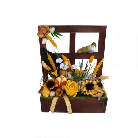 Elemente decorative pentru casa - Aranjament flori uscate si artificiale in ghiveci din lemn, 22x10x28 cm