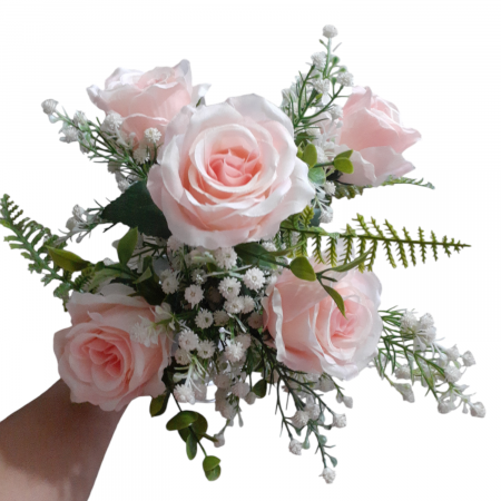 Home & Deco - Aranjament flori artificiale de trandafiri si gypsophilia 37 cm