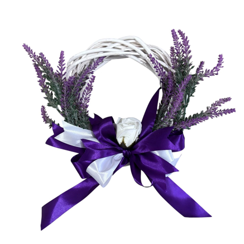 Coronita decorativa impletita din ratan alb, cu flori de lavanda artificiala,  25 cm [2]