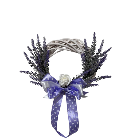 Coronita decorativa impletita din ratan alb, cu flori de lavanda artificiala,  25 cm [1]