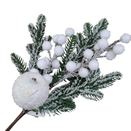 Iarna si Craciun - Crenguta decorativa cu brad inzapezit cu ilex si mar alb, 40 cm