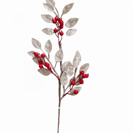 DE SEZON - Crenguta decorativa cu frunze auriu, bobite rosii1