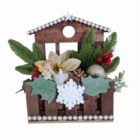 Ornament Craciun casuta de lemn cu inger 25x25x13 cm [2]