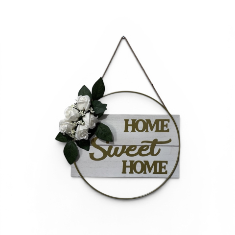 Elemente decorative pentru casa - Ornament pentru usa decorat cu flori albe, Home Sweet Home, 35 cm