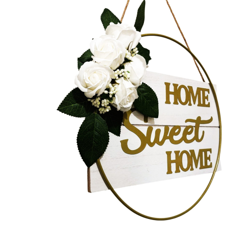 Ornament pentru usa decorat cu flori albe, Home Sweet Home, 35 cm [2]