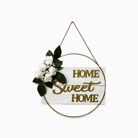 Elemente decorative pentru casa - Ornament pentru usa decorat cu flori albe, Home Sweet Home, 35 cm