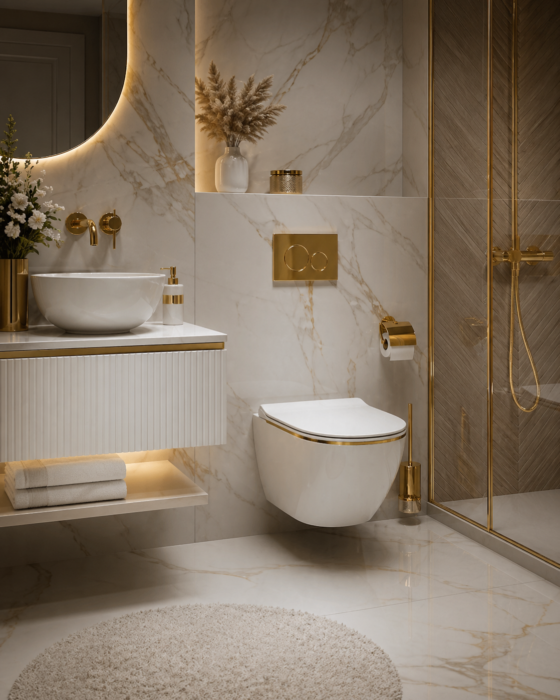 Trend 2026 – Vas WC suspendat cu dungă aurie + bideu: lux, rafinament și design complet de baie