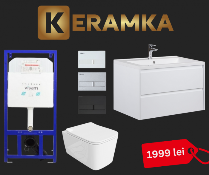 Set 6 in 1 Mobilier Masca Baie Marko 80 cu Lavoar Cosmo-80 + Vas WC Nill Rimless cu Capac Soft Close și Cadru metalic Visam Slim 80 [1]