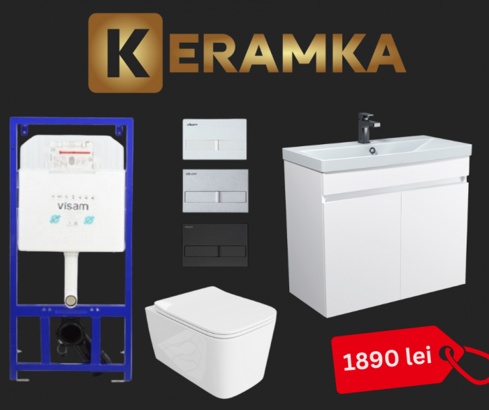Set 6 in 1 Mobilier Masca Baie Suspendat Urban 80 cu Lavoar Sempre-80 + Vas WC Nilll Rimless cu Capac Soft Close și Cadru metalic Visam Slim 80 [1]