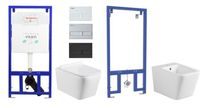 Set 6 in 1 Rezervor incastrat Visam Slim 80 clapeta alba/gri/negru  cu Vas WC Suspendat Neo alb si capac UV softclose + Cadru Metalic cu Bide Neo Alb Suspendat [1]