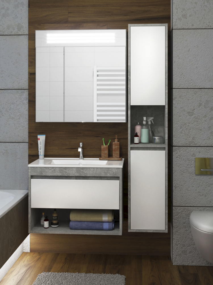 Set Mobilier Baie Suspendat din MDF Vopsit-Lacuit Oslo Loft 80-A + Lavoar Blat integrat Alb Ceramica Su 80 / 800x570x450mm [2]
