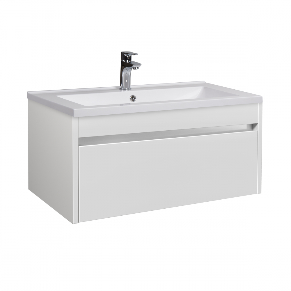 Set Mobilier Baie Suspendat din MDF Vopsit-Lacuit Prime 80-A + Lavoar Blat integrat Alb Compozit Cosmo 80 / 800x430x450mm [1]
